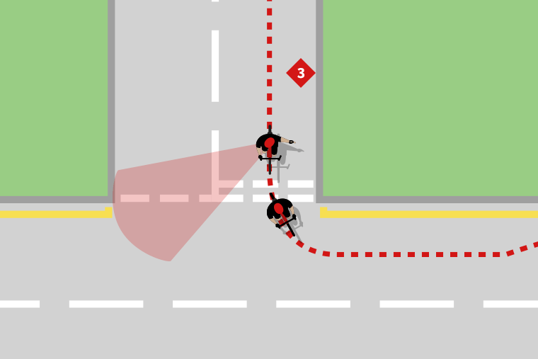 A cyclist turning left onto a main road