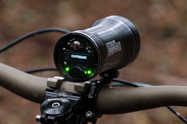 Exposure Six Pack bike light rear view on MTB handlebar