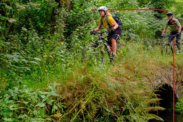 Mountain bikers riding through a forest