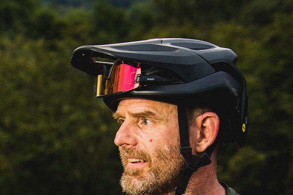 MTB helmet with glasses stashed in ports