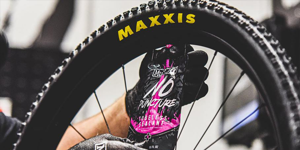 Stans No Flats sealant being poured into a tubeless-ready tyre