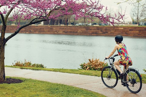 cycling by the river on a hybrid bike