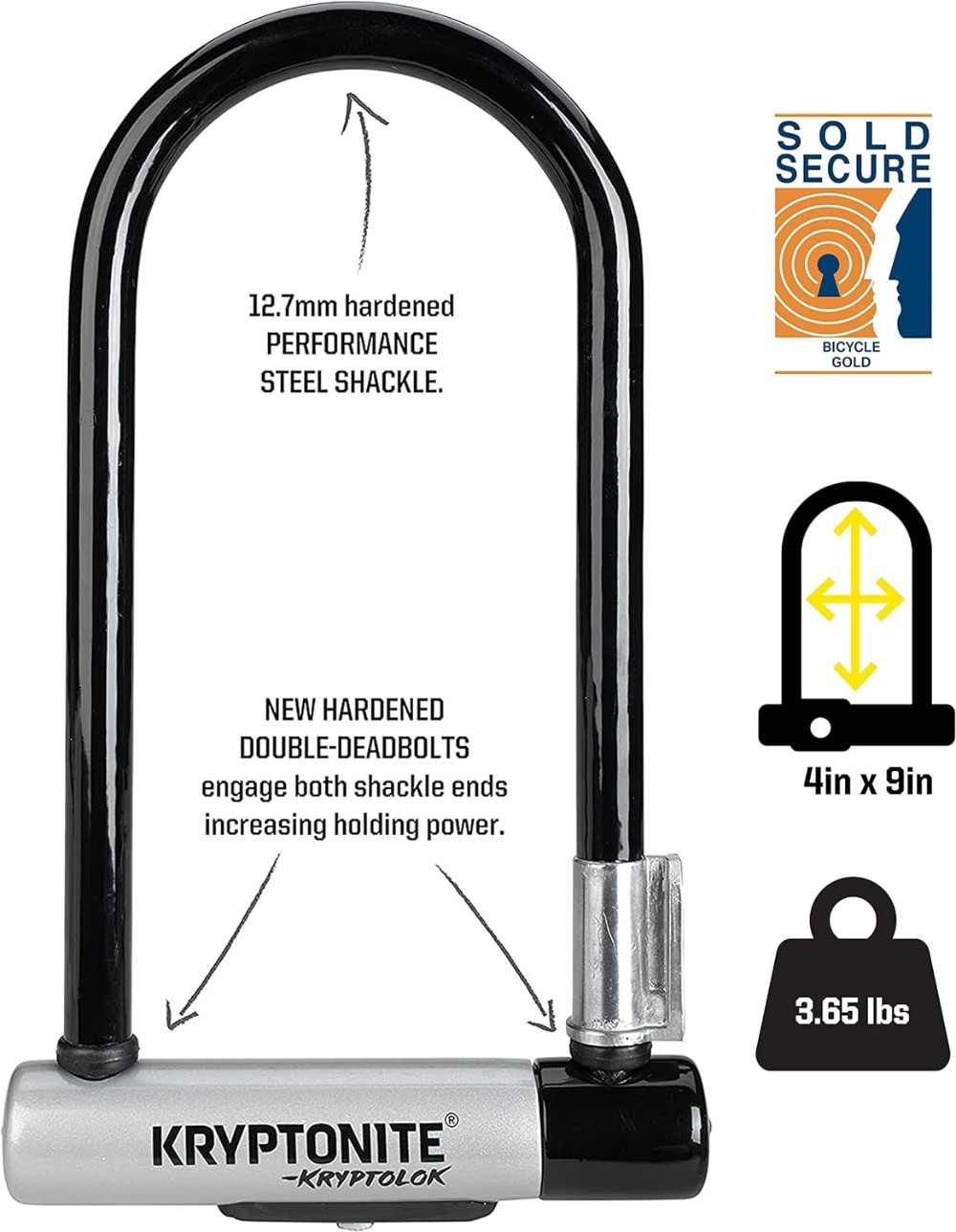 Kryptolok Standard U-Lock with 4 Foot Kryptoflex Cable - Sold Secure Gold image 2